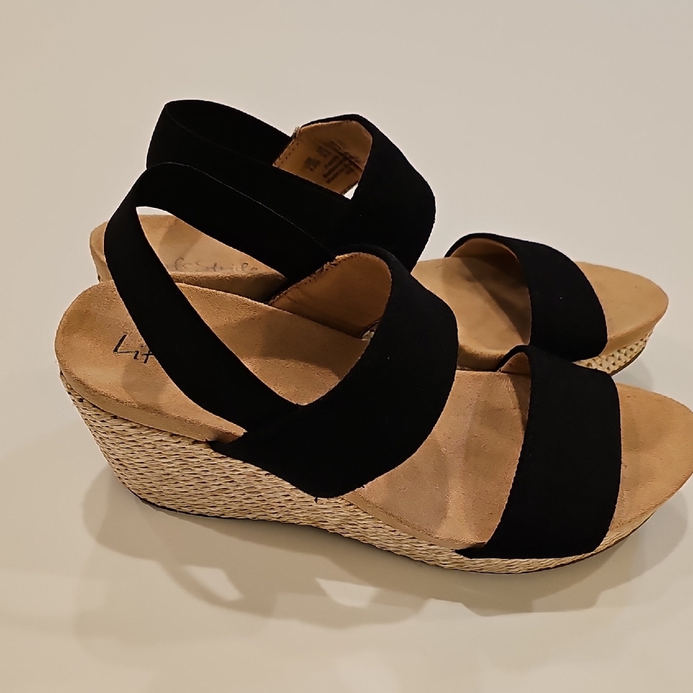 Life Stride Delra Black Elastic Strap Wedge Sandals with Tan Footbed Size 8.5 - Picture 7 of 14